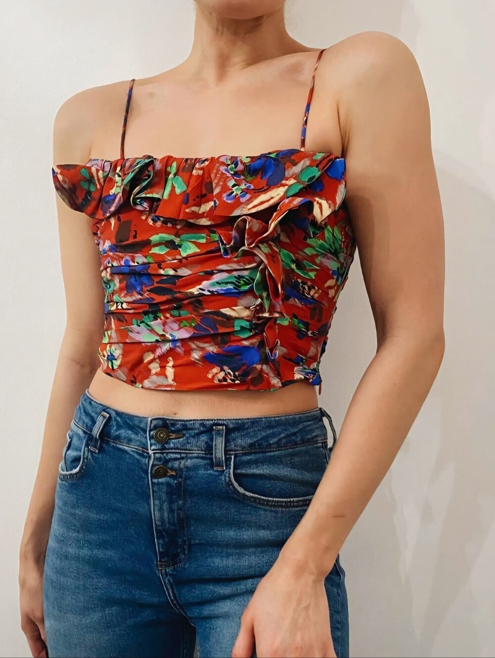 ZARA Red Floral Print Ruffled Corset Crop Top Side Zip Women's Size Medium